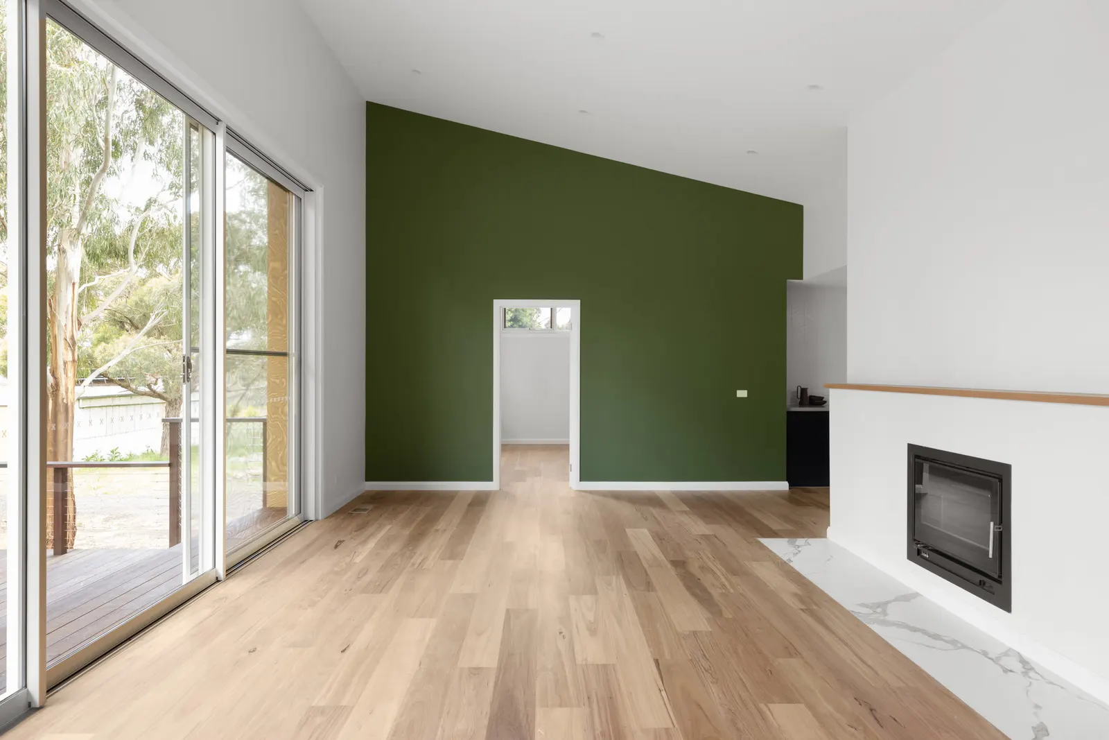 Living room at High View Crescent with an olive green feature wall and a gas fireplace on marble